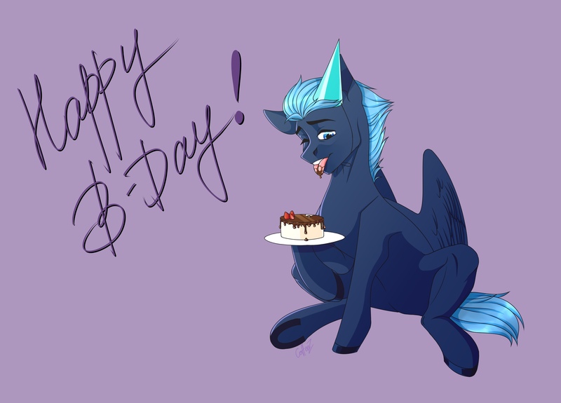 Size: 2560x1840 | Tagged: safe, artist:coffeez, derpibooru import, oc, oc:vittel bone, pegasus, pony, birthday, cake, food, image, jpeg, looking at you, open mouth, pegasus oc, solo, wings