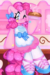 Size: 3000x4500 | Tagged: safe, artist:bunxl, derpibooru import, pinkie pie, anthro, earth pony, pony, apron, bow, clothes, dress, female, food, image, kitchen, mare, one eye closed, pie, png, shoes, sitting on counter, solo, tights, wingding eyes, wink