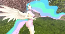 Size: 1280x658 | Tagged: suggestive, artist:bangayo, derpibooru import, princess celestia, alicorn, anthro, 3d, backless, breasts, clothes, female, image, jpeg, open-back sweater, second life, sexy, sleeveless, sleeveless sweater, solo, sweater, video in description, virgin killer sweater, vks