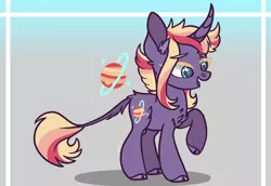 Size: 2388x1641 | Tagged: safe, artist:caramelbolt24, derpibooru import, oc, unofficial characters only, classical unicorn, pony, unicorn, abstract background, chest fluff, cloven hooves, curved horn, ear fluff, female, horn, image, jpeg, leonine tail, magical lesbian spawn, mare, offspring, open mouth, parent:rainbow dash, parent:twilight sparkle, parents:twidash, raised hoof, reference sheet, signature, solo, unicorn oc, unshorn fetlocks