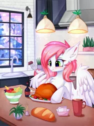 Size: 3000x4000 | Tagged: safe, artist:pesty_skillengton, derpibooru import, oc, oc:sugar morning, unofficial characters only, bird, pegasus, pony, turkey, blushing, bread, chest fluff, eating, food, fork, image, jpeg, kitchen, meat, ponies eating meat, smiling, snow, solo, tree, window, wing hands, wing hold, wings