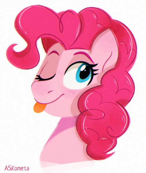 Size: 1600x1900 | Tagged: safe, artist:askometa, derpibooru import, pinkie pie, pony, bust, image, one eye closed, png, portrait, simple background, solo, tongue out, white background, wink