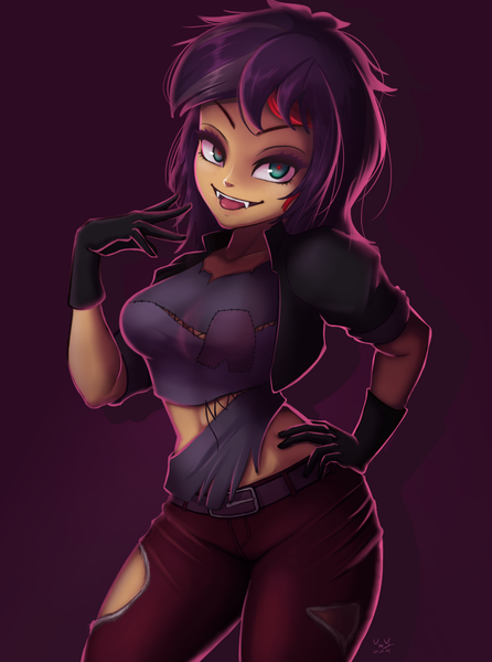 Size: 744x1000 | Tagged: safe, artist:the-park, derpibooru import, sunset shimmer, vampire, costume conundrum, equestria girls, equestria girls series, spoiler:eqg series (season 2), :p, clothes, costume, fangs, female, gloves, halloween, halloween costume, holiday, image, looking at you, pants, png, ripped pants, smiling, solo, tongue out, torn clothes, vampire shimmer, wig
