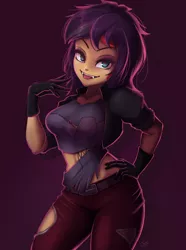 Size: 744x1000 | Tagged: safe, artist:the-park, derpibooru import, sunset shimmer, vampire, costume conundrum, equestria girls, equestria girls series, spoiler:eqg series (season 2), :p, clothes, costume, fangs, female, gloves, halloween, halloween costume, holiday, image, looking at you, pants, png, ripped pants, smiling, solo, tongue out, torn clothes, vampire shimmer, wig