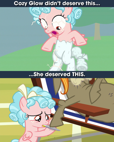 Size: 640x800 | Tagged: safe, derpibooru import, edit, screencap, cozy glow, cranky doodle donkey, donkey, pegasus, pony, a matter of principals, the ending of the end, background pony strikes again, caption, cozy deserved this, cozybuse, female, filly, foal, image, image macro, male, meme, nail file, op is a duck, op is trying to start shit, petrification, png, punish the villain, punishment, text