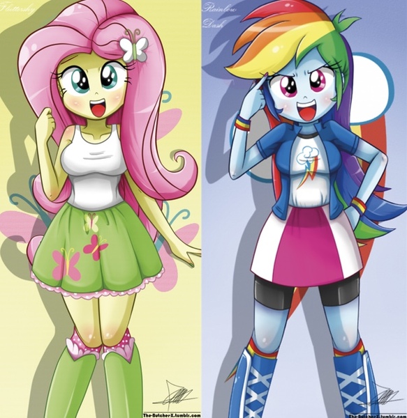 Size: 604x622 | Tagged: safe, artist:the-butch-x, derpibooru import, edit, fluttershy, rainbow dash, equestria girls, beautiful, beautiful x, breasts, busty fluttershy, busty rainbow dash, clothes, cute, cutie mark, female, flutterdash, hand on hip, image, jpeg, lesbian, looking at you, nail polish, shipping, shyabetes, tanktop