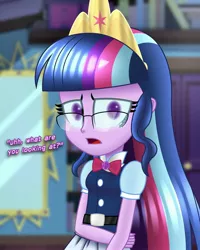 Size: 2000x2500 | Tagged: safe, artist:aryatheeditor, derpibooru import, sci-twi, twilight sparkle, equestria girls, beautiful, bedroom, belt, big crown thingy, bowtie, crown, cute, cutie mark, digital art, element of magic, female, geode of telekinesis, glasses, image, insecure, jewelry, jpeg, looking at you, magical geodes, midnight sparkle, midnightabetes, nervous, outfit, pendant, powerful sparkle, regalia, shy, solo, straight hair, subtitles, twiabetes
