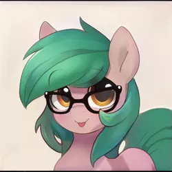 Size: 1024x1024 | Tagged: safe, artist:thisponydoesnotexist, derpibooru import, edit, editor:diego96, machine learning generated, oc, unnamed oc, earth pony, pony, :p, artificial intelligence, cute, female, glasses, green mane, image, jpeg, mare, meganekko, neural network, simple background, solo, tongue out