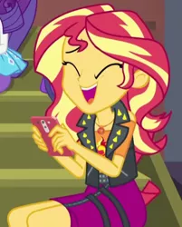 Size: 366x456 | Tagged: safe, derpibooru import, screencap, rarity, sunset shimmer, costume conundrum, equestria girls, equestria girls series, spoiler:eqg series (season 2), cropped, cute, eyes closed, female, geode of empathy, image, magical geodes, open mouth, phone, png, shimmerbetes, solo focus