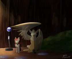 Size: 6000x4968 | Tagged: safe, artist:mapleicious, artist:mapleiciousmlp, derpibooru import, oc, oc:appleale, oc:steelwinghollowtooth, earth pony, gryphon, pony, bus stop, female, forest, image, male, mare, my neighbor totoro, png, rain, size difference, tree