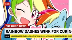 Size: 1280x720 | Tagged: safe, artist:ryuu, color edit, derpibooru import, edit, editor:michaelsety, rainbow dash, human, pegasus, pony, equestria girls, anime, blushing, break your own news, breaking news, clothes, colored, cute, dashabetes, female, human coloration, human ponidox, image, jacket, light skin, light skin edit, looking at you, mare, one eye closed, open mouth, png, self ponidox, simple background, skin color edit, wink, wristband