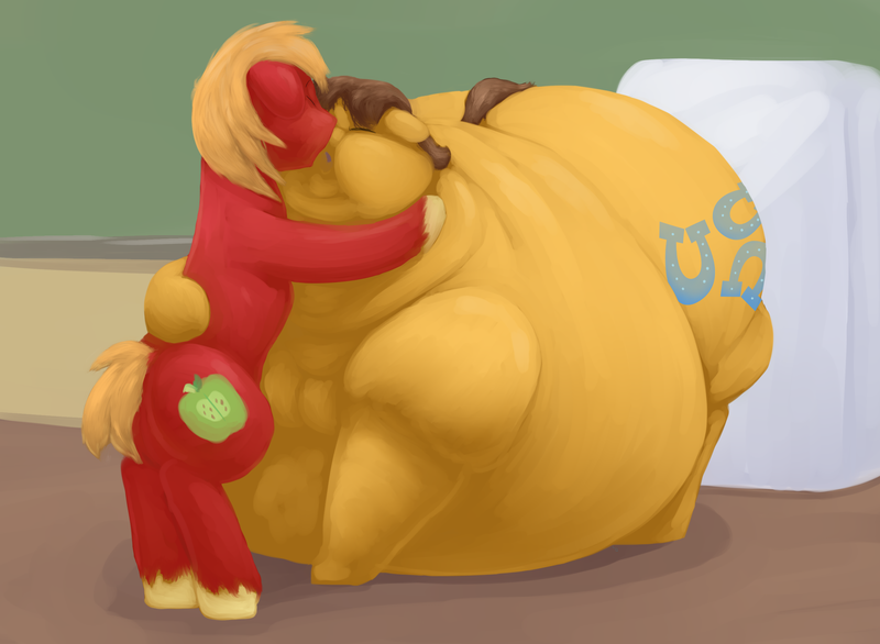 Size: 2510x1839 | Tagged: questionable, artist:lupin quill, derpibooru import, big macintosh, caramel, earth pony, pony, bathtub, belly, belly grab, bhm, big belly, bingo wings, blushing, butt, caramac, chubby cheeks, commission, dock, double chin, eyes closed, fat, fat fetish, feedee, feeder, fetish, flabby chest, gay, hug, hug from behind, image, kissing, kitchen, large butt, lineless, lip bite, male, morbidly obese, multichin, near immobile, neck fat, obese, open mouth, plot, png, refrigerator, rolls of fat, shipping, smiling, stallion, unshorn fetlocks, weight gain