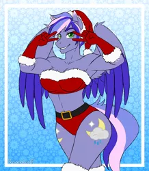 Size: 3400x3900 | Tagged: suggestive, artist:hasana-chan, derpibooru import, oc, oc:rainy night, unofficial characters only, anthro, pegasus, pony, unguligrade anthro, anthro oc, armpits, bra, breasts, christmas, clothes, commission, digital art, female, gift art, grin, hat, hearth's warming eve, holiday, image, mare, peace sign, pegasus oc, png, santa hat, smiling, solo, solo female, underwear, wings