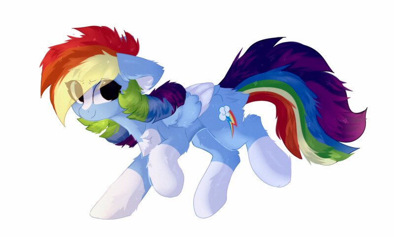 Size: 1842x1110 | Tagged: safe, artist:little-sketches, derpibooru import, rainbow dash, pegasus, pony, alternate design, backwards cutie mark, blaze (coat marking), butt fluff, chest fluff, coat markings, cute, dashabetes, ear fluff, eye clipping through hair, female, image, jpeg, leg fluff, mare, markings, simple background, smiling, socks (coat marking), solo, two toned wings, white background, wings