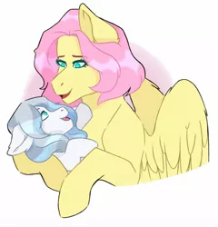 Size: 1280x1332 | Tagged: safe, artist:llamapyjmas, derpibooru import, fluttershy, oc, oc:snow storm, pegasus, pony, female, filly, fluttermom, holding a pony, image, jpeg, magical lesbian spawn, mother and child, mother and daughter, offspring, parent:fluttershy, parent:rainbow dash, parents:flutterdash, short mane, simple background, white background