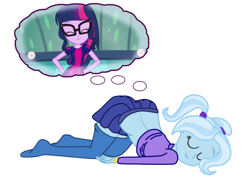 Size: 3000x2145 | Tagged: safe, artist:gmaplay, derpibooru import, sci-twi, trixie, twilight sparkle, equestria girls, alternate hairstyle, babysitter trixie, clothes, eyes closed, female, hoodie, image, lesbian, png, sci-twixie, shipping, simple background, skirt, sleeping, thigh socks, top down rear up, transparent background, twixie