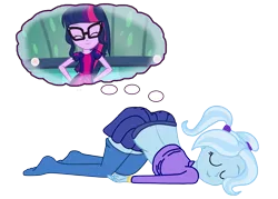 Size: 3000x2145 | Tagged: safe, artist:gmaplay, derpibooru import, sci-twi, trixie, twilight sparkle, equestria girls, alternate hairstyle, babysitter trixie, clothes, eyes closed, female, hoodie, image, lesbian, png, sci-twixie, shipping, simple background, skirt, sleeping, thigh socks, top down rear up, transparent background, twixie