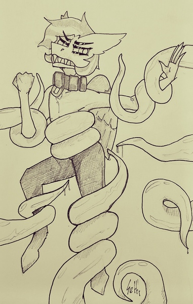 Size: 2065x3249 | Tagged: questionable, artist:settt, derpibooru import, oc, oc:frame gravity, anthro, pegasus, bondage, clothes, collar, image, jpeg, male, monochrome, pants, solo, solo male, tentacle bondage, tentacle porn, tentacles, tentacles on male, wings