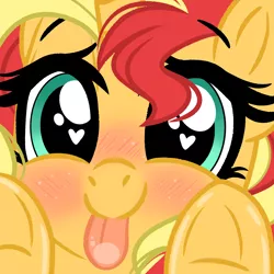 Size: 2000x2000 | Tagged: safe, artist:emberslament, derpibooru import, part of a set, sunset shimmer, pony, unicorn, :p, blushing, cute, daaaaaaaaaaaw, female, heart eyes, hnnng, image, licking, licking screen, looking at you, mare, png, shimmerbetes, solo, tongue out, underhoof, window licking, wingding eyes