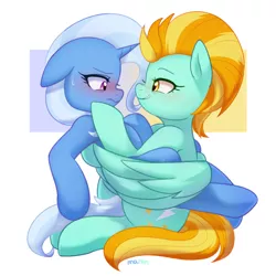 Size: 4113x4115 | Tagged: safe, artist:maren, derpibooru import, lightning dust, trixie, pegasus, unicorn, blushing, commission, crack shipping, cute, female, horn, image, lesbian, looking at each other, png, shipping, trixiedust, wings