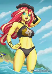 Size: 1116x1579 | Tagged: safe, artist:brother-tico, derpibooru import, sunset shimmer, equestria girls, equestria girls series, forgotten friendship, arm behind head, beach shorts swimsuit, belly button, bikini, bikini babe, breasts, busty sunset shimmer, clothes, female, image, jpeg, nail polish, open mouth, palindrome get, snorkel, sunglasses, sunset shimmer's beach shorts swimsuit, swimsuit