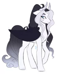 Size: 1280x1613 | Tagged: safe, artist:void-sommar, derpibooru import, oc, oc:lucifer, unofficial characters only, hybrid, pony, black wings, ethereal mane, female, hair over one eye, horns, image, interspecies offspring, jpeg, mare, offspring, parent:discord, parent:rarity, parents:raricord, simple background, solo, starry mane, white background