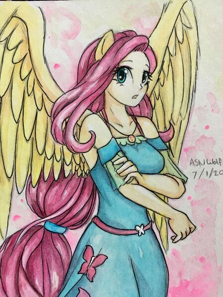 Size: 900x1200 | Tagged: safe, artist:astevenamedwolf, derpibooru import, fluttershy, equestria girls, equestria girls series, female, geode of fauna, image, jpeg, large wings, magical geodes, ponied up, pony ears, solo, traditional art, watercolor painting, wings