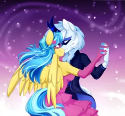 Size: 3000x2776 | Tagged: safe, artist:shooshaa, derpibooru import, oc, oc:code quill, oc:jeppesen, unofficial characters only, anthro, kirin, pegasus, pony, abstract background, alternate hairstyle, anthro oc, armpits, ballroom dancing, braid, breasts, chest fluff, clothes, dancing, dress, evening dress, evening gloves, eye mask, female, flower, flower in hair, flowing mane, formal dress, formal wear, gloves, holding hands, horn, image, interspecies, kirin oc, long gloves, looking at each other, male, mare, mask, pegasus oc, pink dress, png, shipping, stallion, suit, tail, wings