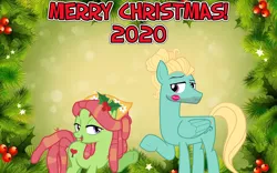 Size: 2064x1289 | Tagged: safe, anonymous artist, derpibooru import, tree hugger, zephyr breeze, earth pony, pegasus, christmas, female, flower, flower in hair, happy hearth's warming, hearth's warming, holiday, holly, image, kissing, kiss mark, kiss on the cheek, lipstick, looking at each other, lyrics in the description, male, merry christmas, png, shipping, smiling, straight, white christmas, youtube link, youtube link in the description, zephyrhugger