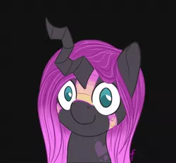 Size: 1300x1200 | Tagged: safe, artist:inkynotebook, derpibooru import, part of a set, changeling queen oc, oc, unofficial characters only, changeling, changeling queen, black background, bust, commission, female, image, jpeg, purple changeling, signature, simple background, smiling, solo, ych result
