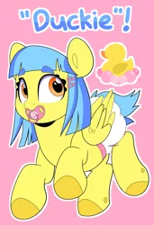 Size: 1397x2048 | Tagged: safe, alternate version, artist:duckie, derpibooru import, oc, oc:bubble "duckie" bath, bird, duck, duck pony, original species, pegasus, pony, abdl, adult foal, alternate design, diaper, eyebrows, eyebrows visible through hair, hairclip, hooves, image, jpeg, non-baby in diaper, reference sheet, rubber duck