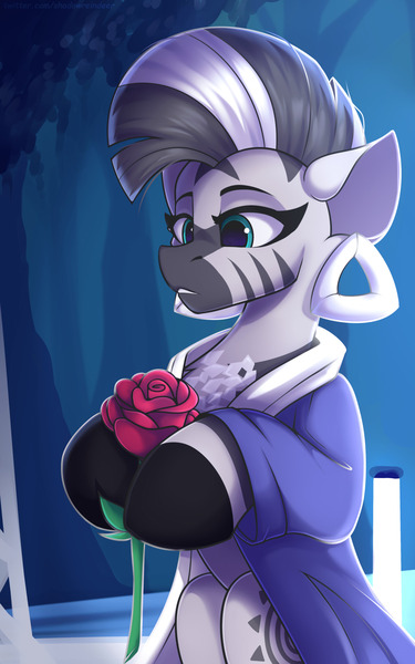 Size: 1250x2000 | Tagged: safe, artist:shadowreindeer, derpibooru import, zecora, semi-anthro, zebra, amanda, clothes, cute, detroit: become human, ear piercing, earring, flower, hoof hold, image, jewelry, jpeg, missing accessory, piercing, quadrupedal, rose, sitting, solo, zecorable