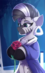 Size: 1250x2000 | Tagged: safe, artist:shadowreindeer, derpibooru import, zecora, semi-anthro, zebra, amanda, clothes, cute, detroit: become human, ear piercing, earring, flower, hoof hold, image, jewelry, jpeg, missing accessory, piercing, quadrupedal, rose, sitting, solo, zecorable