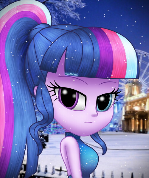 Size: 3000x3600 | Tagged: safe, alternate version, artist:aryatheeditor, derpibooru import, sci-twi, twilight sparkle, equestria girls, accessories, bare shoulders, beautiful, bedroom eyes, breasts, bust, clothes, cutie mark, cutie mark background, digital art, dress, element of magic, female, geode of telekinesis, glasses, glasses off, heterochromia, image, jpeg, looking at you, magical geodes, missing accessory, nerd, outfit, photo, powerful sparkle, sleeveless, sleeveless turtleneck, snow, snowflake, solo, winter