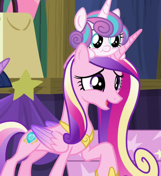 Size: 1140x1249 | Tagged: safe, derpibooru import, screencap, princess cadance, princess flurry heart, twilight sparkle, alicorn, pony, road to friendship, baby, baby pony, cropped, duo focus, female, image, mare, mother and child, mother and daughter, png, pony hat, stage