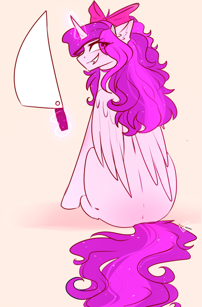 Size: 1545x2355 | Tagged: safe, artist:1fresita, derpibooru import, oc, alicorn, pony, female, image, magic, mare, meat cleaver, png, solo