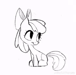 Size: 640x628 | Tagged: safe, artist:syrupyyy, derpibooru import, apple bloom, earth pony, pony, bow, female, filly, grayscale, hair bow, image, jpeg, monochrome, pencil drawing, simple background, sketch, solo, traditional art, white background