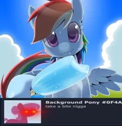 Size: 499x517 | Tagged: safe, artist:oze, derpibooru import, edit, rainbow dash, pegasus, pony, :3, blushing, cloud, cloudy, derpibooru comments, eye glow, female, food, glowing eyes meme, ice cream, image, jpeg, looking at you, mare, offscreen character, popsicle, pov, sea salt ice cream, shitposting, sky, slur, smiling, solo, sweat, vulgar, wings