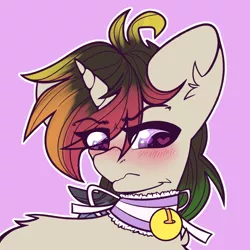 Size: 2000x2000 | Tagged: safe, artist:etoz, derpibooru import, oc, oc:agap, unofficial characters only, pony, unicorn, angry, bell, bell collar, blushing, cat bell, collar, cute, eyebrows, femboy, heart eyes, horn, image, looking away, male, multicolored hair, png, rainbow hair, simple background, solo, stallion, tsundere, unicorn oc, wingding eyes