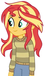 Size: 1024x1717 | Tagged: safe, artist:emeraldblast63, derpibooru import, sunset shimmer, equestria girls, alternate hairstyle, clothes, clothes swap, cute, female, image, implied wallflower blush, messy hair, png, simple background, solo, sweater, transparent background