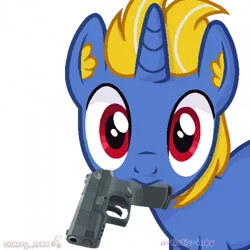 Size: 700x700 | Tagged: safe, artist:artistic-inky, derpibooru import, oc, oc:solidshot, unofficial characters only, unicorn, gun, handgun, horn, image, mouth hold, pistol, png, single, unicorn oc, weapon