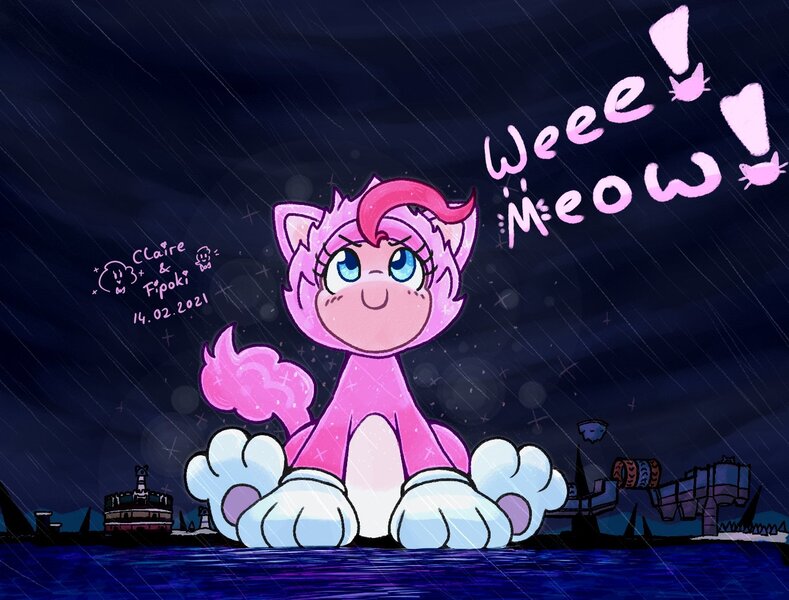 Size: 1375x1045 | Tagged: safe, artist:fipoki, derpibooru import, pinkie pie, cat, cat pony, earth pony, original species, bowser's fury, digital art, full background, full body, giga pinkie cat, image, jpeg, meow, pinkie cat, rain, storm, super mario 3d world, super mario bros.