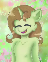 Size: 1017x1302 | Tagged: safe, artist:oliviatheangelfox, derpibooru import, oc, oc:drawing heart, unofficial characters only, pony, unicorn, abstract background, bust, chest fluff, eyes closed, horn, image, open mouth, png, smiling, solo, unicorn oc