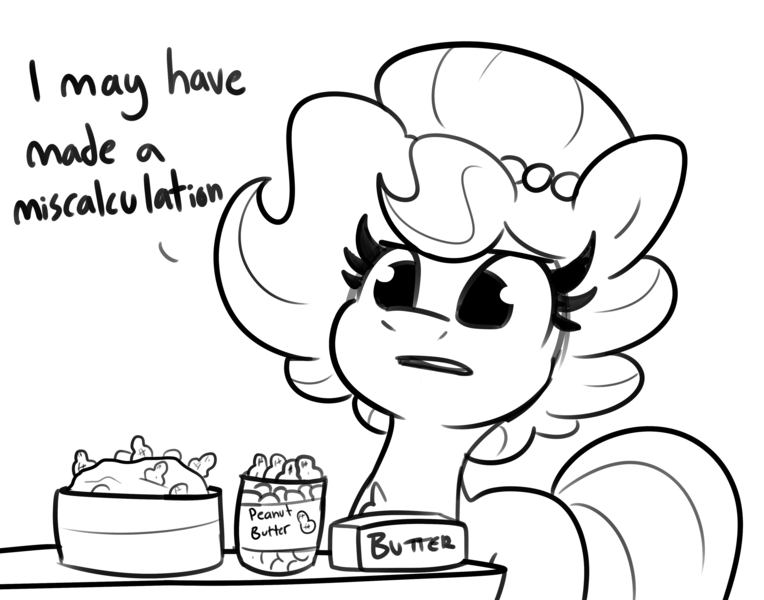 Size: 3820x3000 | Tagged: safe, artist:tjpones, derpibooru import, oc, oc:brownie bun, unofficial characters only, earth pony, pony, horse wife, black and white, butter, female, food, grayscale, image, mare, monochrome, peanut, peanut butter, png, simple background, solo, white background