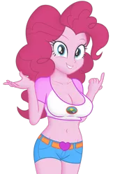 Size: 900x1385 | Tagged: suggestive, derpibooru import, edit, editor:ah96, pinkie pie, equestria girls, legend of everfree, adorasexy, belly button, big breasts, breast edit, breasts, busty pinkie pie, camp everfree logo, camp everfree outfits, cleavage, clothes, cute, daisy dukes, female, image, looking at you, midriff, png, sexy, shorts, simple background, solo, thighs, transparent background