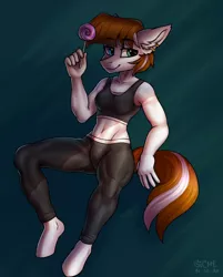 Size: 2660x3312 | Tagged: safe, artist:gicme, derpibooru import, oc, oc:bianca, unofficial characters only, anthro, earth pony, pony, unguligrade anthro, candy, clothes, ear fluff, ear piercing, earring, food, heterochromia, image, jewelry, leggings, lollipop, muscles, piercing, png, solo, sports, sporty style