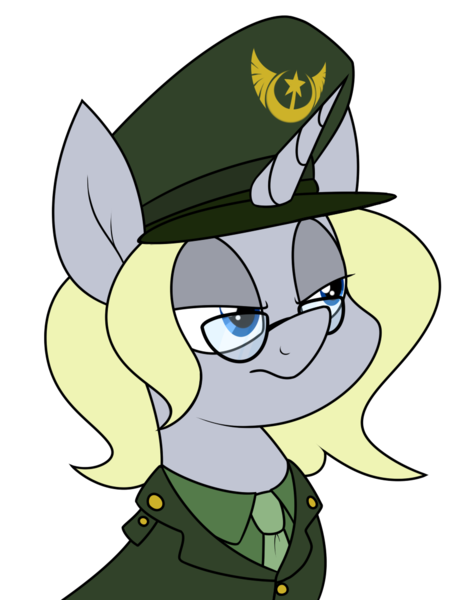 Size: 915x1168 | Tagged: safe, artist:moonatik, derpibooru import, oc, oc:silver bullet, unofficial characters only, pony, unicorn, bust, clothes, commission, female, glasses, hat, image, mare, military uniform, necktie, peaked cap, png, simple background, solo, transparent background, uniform, us army
