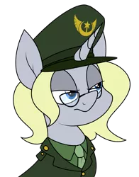 Size: 915x1168 | Tagged: safe, artist:moonatik, derpibooru import, oc, oc:silver bullet, unofficial characters only, pony, unicorn, bust, clothes, commission, female, glasses, hat, image, mare, military uniform, necktie, peaked cap, png, simple background, solo, transparent background, uniform, us army