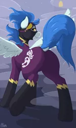 Size: 1363x2270 | Tagged: suggestive, alternate version, artist:ailoy4, banned from derpibooru, deleted from derpibooru, derpibooru import, nightshade, pegasus, pony, bedroom eyes, butt, clothes, costume, derpibooru exclusive, dock, featureless crotch, female, frog (hoof), image, looking at you, looking back, looking back at you, mare, night, plot, png, presenting, raised hoof, raised leg, raised tail, shadow, shadowbolts, shadowbolts costume, solo, spread wings, tail, underhoof, uniform, wings