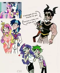 Size: 2510x3049 | Tagged: safe, artist:citi, derpibooru import, screencap, discord, lord tirek, princess cadance, queen chrysalis, rarity, shining armor, spike, human, a canterlot wedding, bilingual, breasts, disguise, disguised changeling, female, gay, human spike, humanized, image, jpeg, male, scene interpretation, screencap reference, shiningcadance, shipping, spanish, sparity, straight, tirekcord